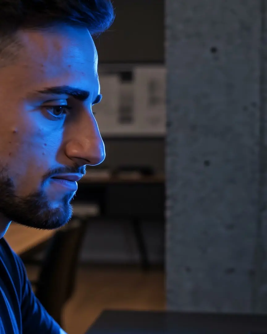 Federico Mencuccini working at his desk, lit by blue screen light